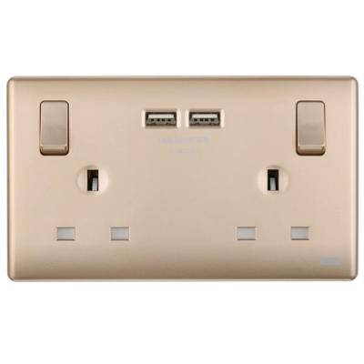 British General BG CHAMPAGNE Neo Slimline Double Socket With USB Charger (PCCH22U3)